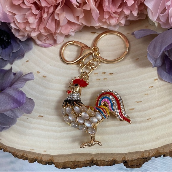 Colorful Crystal and Pearl Rooster on a Keychain - Picture 4 of 7